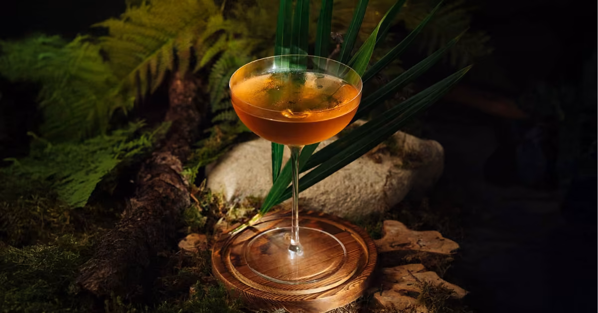 A coupe glass with a cocktail on a wooden coaster, surrounded by ferns, leaves, moss, and a rock in a forest-like setting.