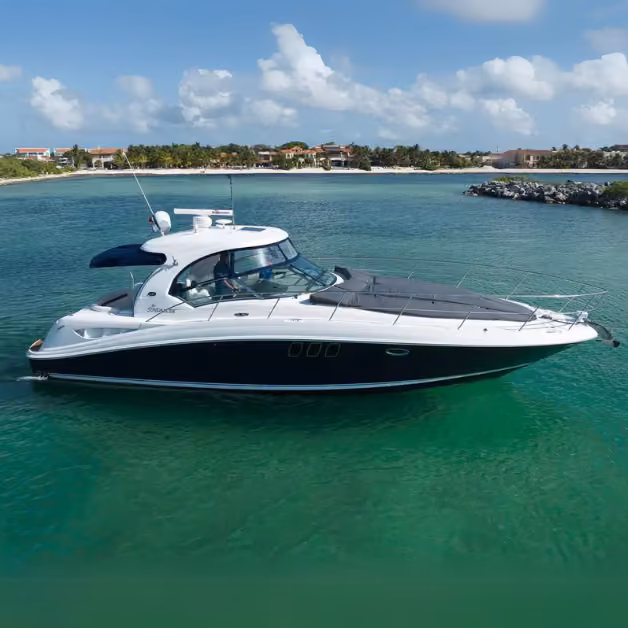 A modern black and white yacht floats on turquoise water near a sandy shore, with homes and greenery in the background.