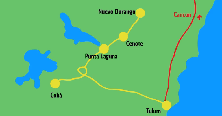 Map with routes linking Coba, Punta Laguna, Cenote, Nuevo Durango, and Tulum; Cancun labeled northeast; lakes near Coba.