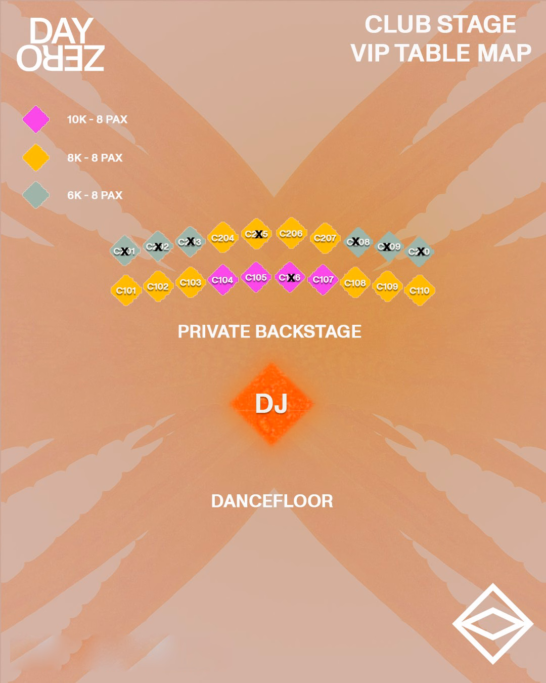 Day Zero Tulum club stage VIP table map, Saturday 9 January 2027