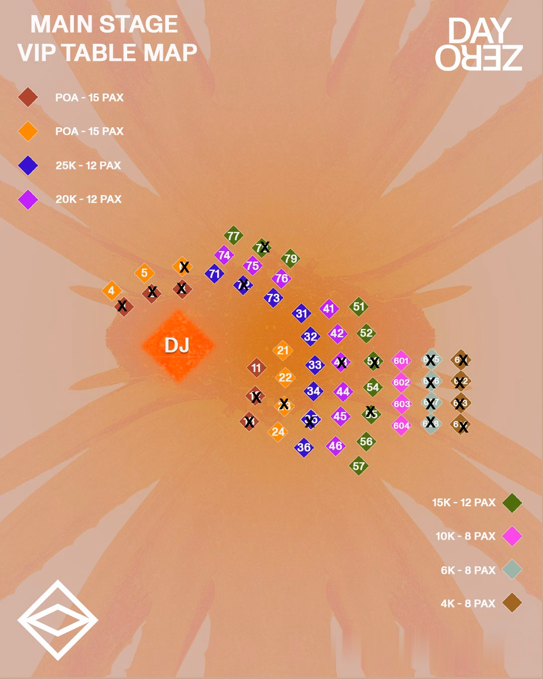 Day Zero Tulum main stage VIP table map, Saturday 9 January 2027