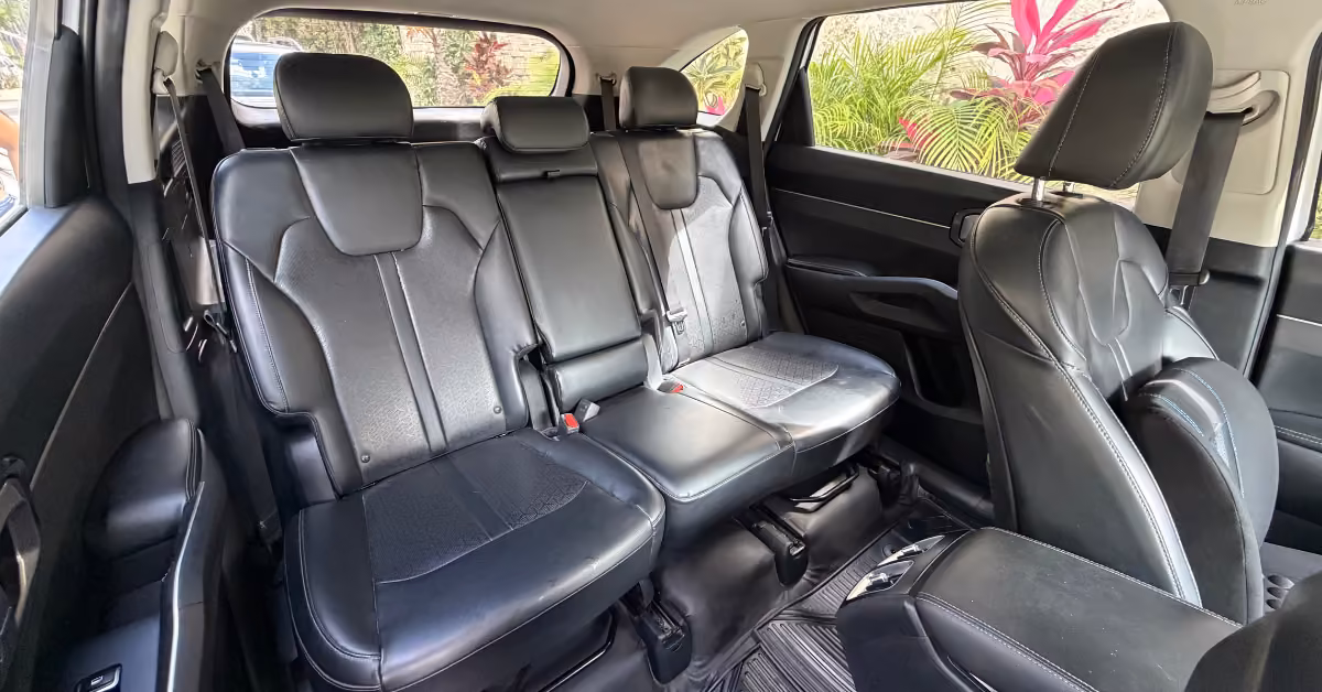 Black leather car interior with two seat rows; three seats in the back, front seat partly visible, sunlight and trees outside.