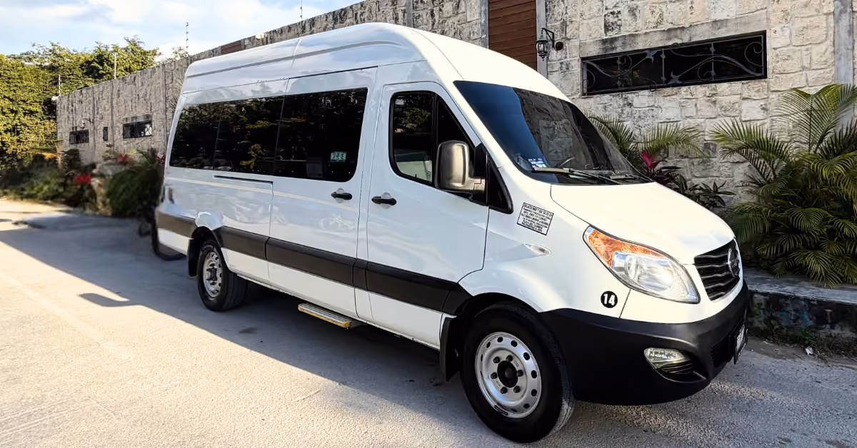 A white van with black trim and tinted windows is parked on a sunny street beside a stone wall covered in greenery and flowers.