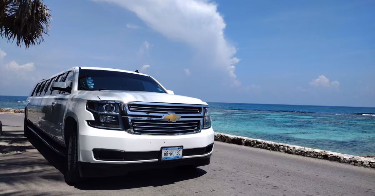 A white limousine is parked by a turquoise ocean under a blue sky with clouds, with palm leaves visible in the top left corner.