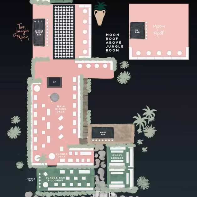 Floor plan of The Jungle Room at Gitano: dining deck, DJ area, bar, lounges, and moon roof surrounded by lush greenery.