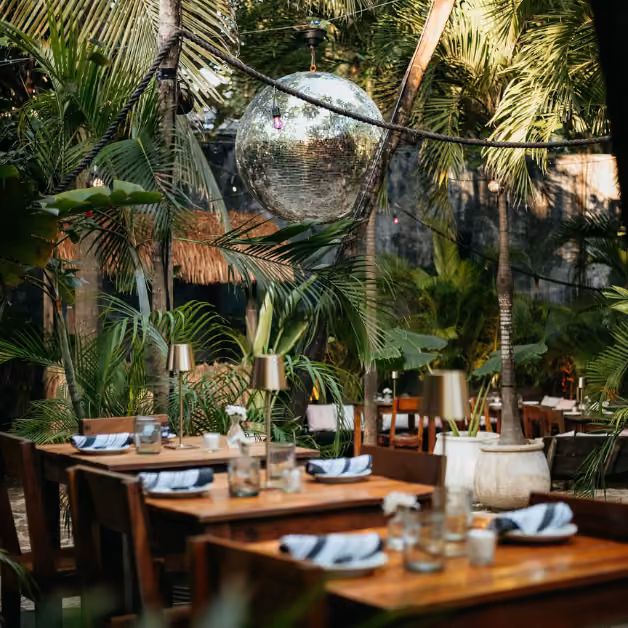 Open-air restaurant with wooden tables, lush tropical plants, and a glittering disco ball reflecting light above the lively scene.