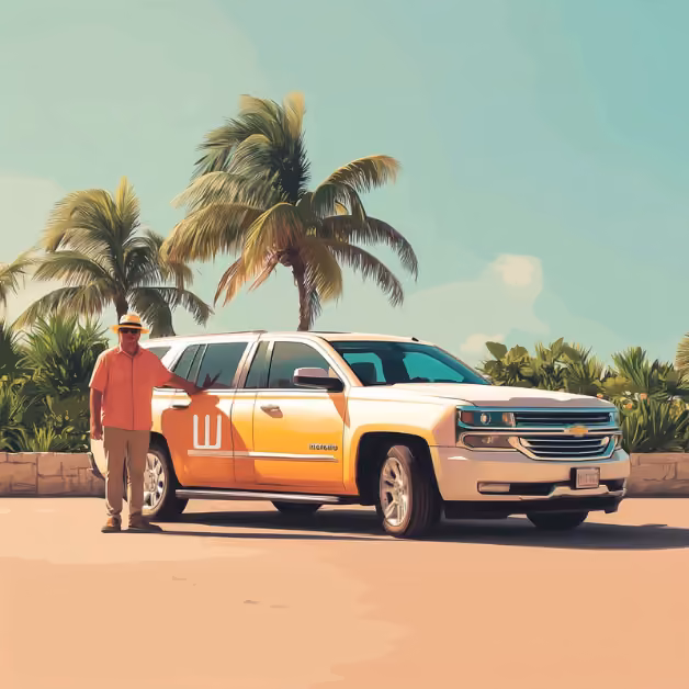 A man in a hat and sunglasses stands beside a white SUV with orange accents on a sunny palm-lined road in Tulum.