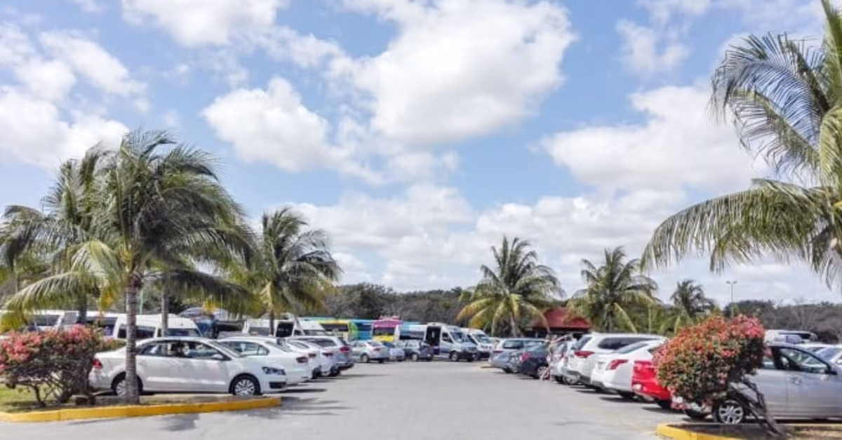 Cars parked in a lot bordered by palm trees and bushes under a partly cloudy sky in Tulum.
