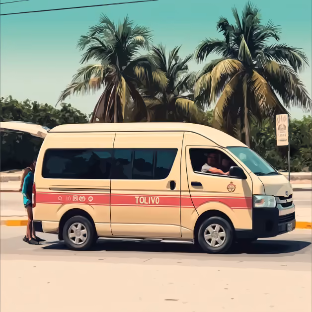 A cream and red van labeled TOLIVO is parked on a sunny street with palm trees and a person nearby, giving a relaxed vibe.