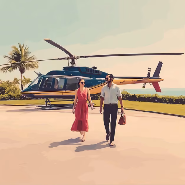 A woman in a red dress and a man in a white shirt walk from a helicopter on a sunny day, palm trees and blue sky behind them.