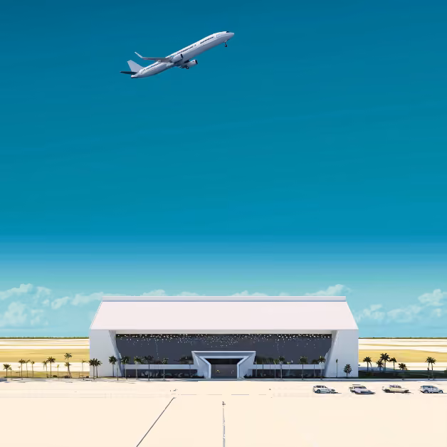 A commercial airplane flies over a modern airport terminal with palm trees and parked cars under a clear blue sky.
