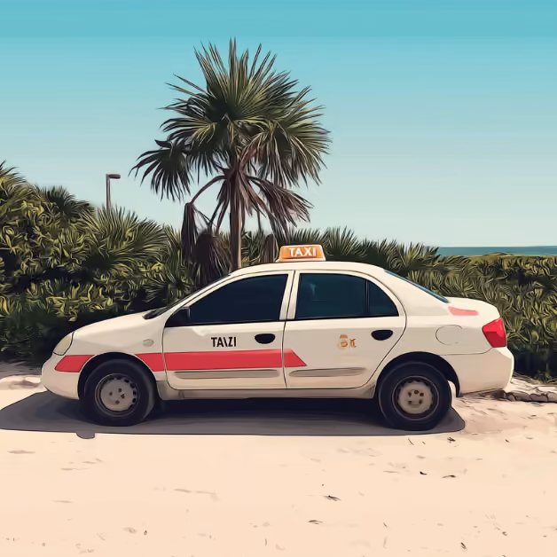A white taxi with red accents is parked on a sandy road by green bushes and a palm tree, under a clear blue sky in Tulum.