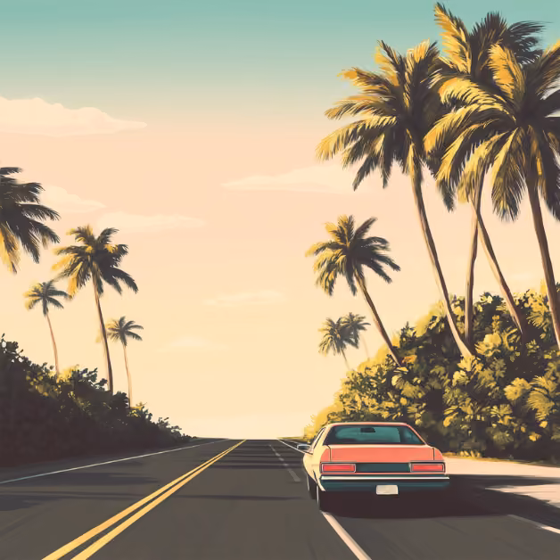 A vintage car cruises a palm-lined road beneath a pastel sky, capturing a relaxed, retro summer vibe and sense of adventure.