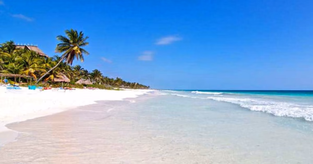 White sand beach with clear blue water, palm trees, and thatched huts under a bright sky. Gentle waves roll ashore.