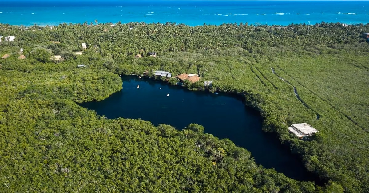 Lush green forest encircling a blue cenote lagoon, small buildings nearby, and the ocean in the distant background.