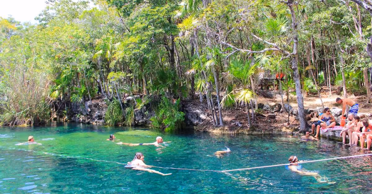 People swim and relax at Cenote Escondido, surrounded by lush trees; some lounge on a wooden dock, others float nearby.