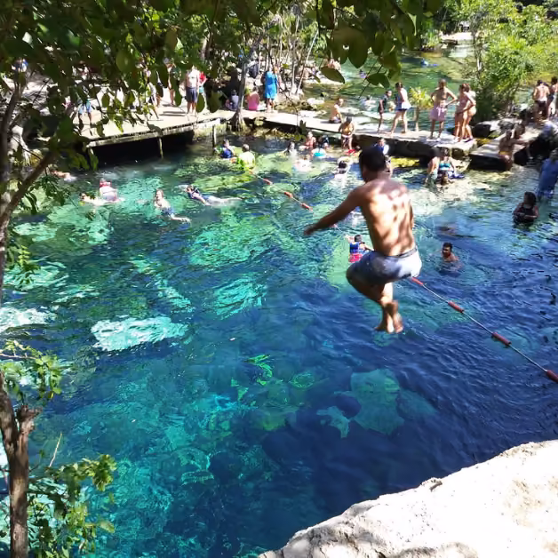A man jumps into a clear blue pool surrounded by greenery, as others swim and relax nearby on a sunny day.