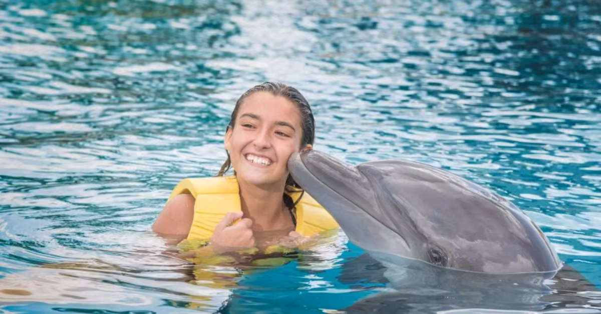 A smiling person in a yellow life jacket receives a gentle kiss on the cheek from a dolphin while in a pool.