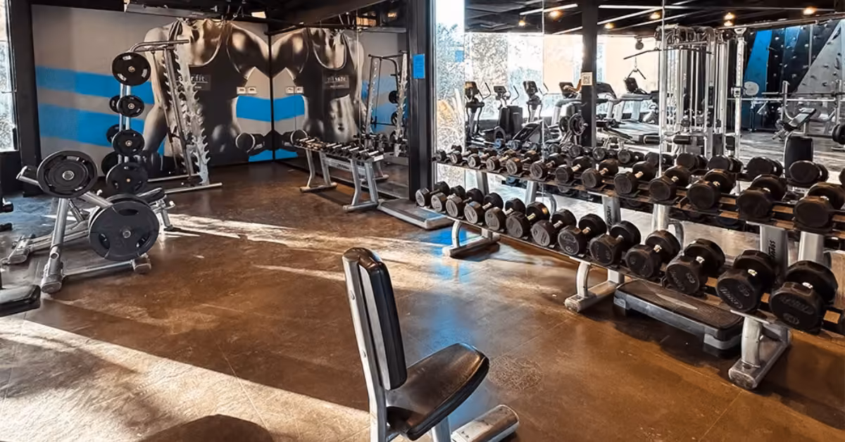 A lively gym in Tulum with free weights, benches, cardio machines, fitness murals, and mirrors reflecting the bright space.
