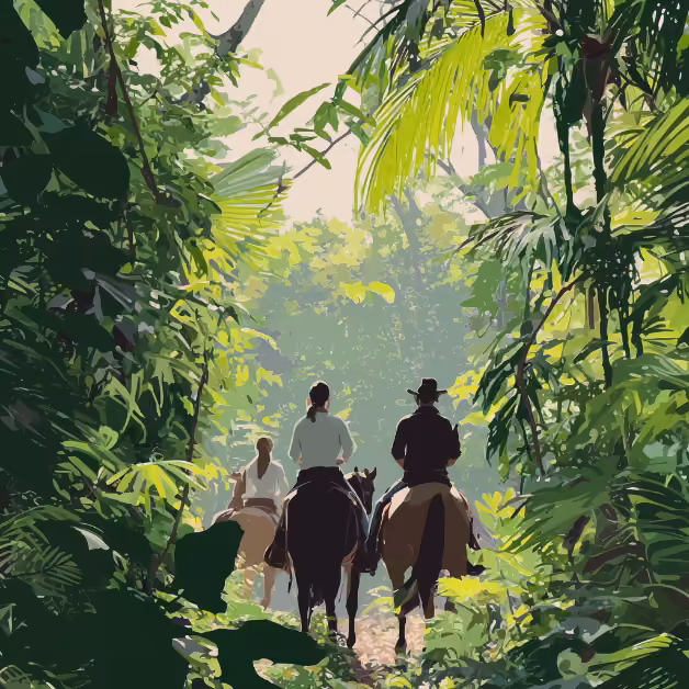 Three people ride horses along a narrow path through dense green jungle, sunlight streaming through the leaves above.