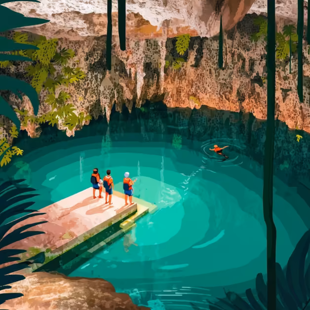 Three in life vests stand on a dock by a blue-green cenote with rocks and lush plants, while one swims under a cave opening.