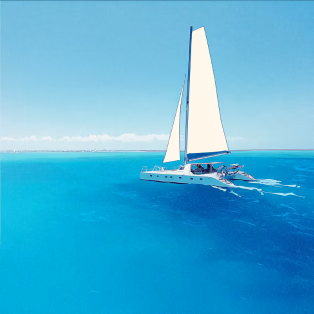 A white sailboat glides on calm turquoise water under a clear blue sky, with distant land visible on the horizon.