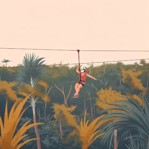 A person in a mask and helmet rides a zipline above a lush forest of tall trees and plants, beneath a cloudy sky.