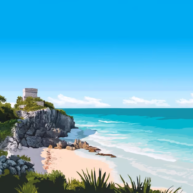 Turquoise waves, sandy beach, rocky cliffs, lush plants, and an ancient stone ruin beneath a clear sky with scattered clouds.