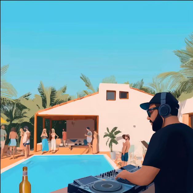 A DJ plays by the pool at a lively outdoor party, with guests chatting, palm trees, and a modern house in the background.