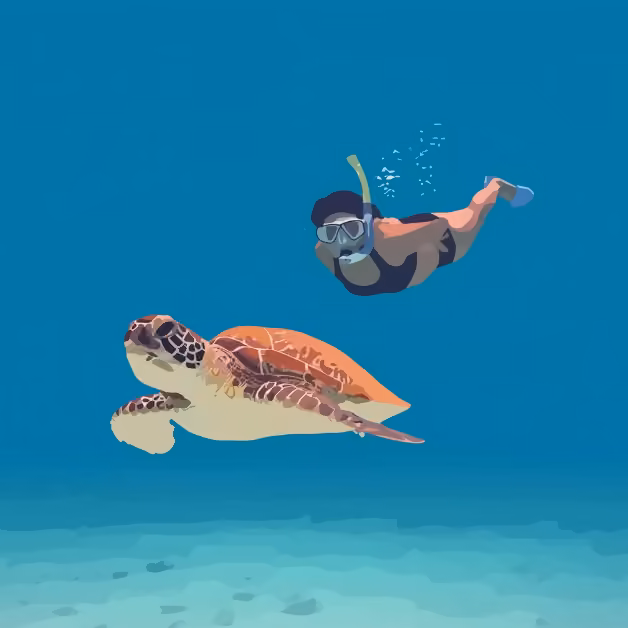 A snorkeler swims underwater beside a sea turtle over sandy ocean floor, surrounded by clear blue water and serene scenery.