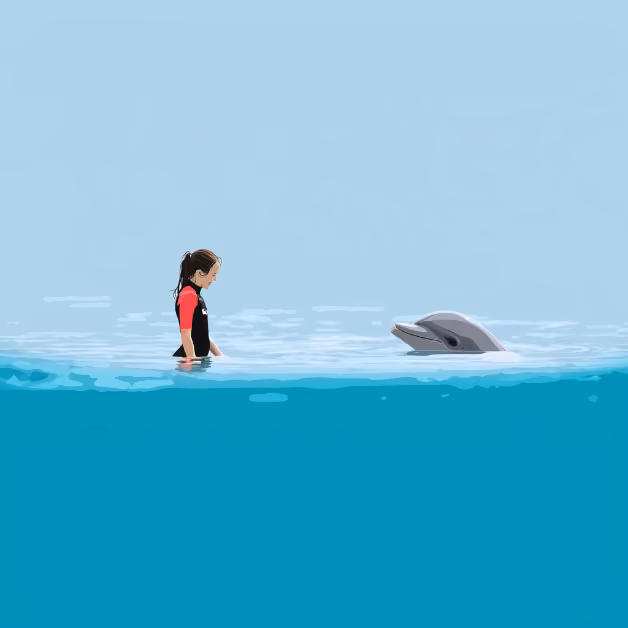 A girl in a wetsuit stands in shallow, calm water, watching a dolphin as it surfaces under a clear blue sky.