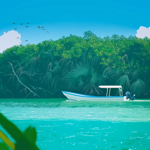 A person relaxes on a small boat in turquoise water near lush mangroves, under a bright blue sky with birds flying overhead.