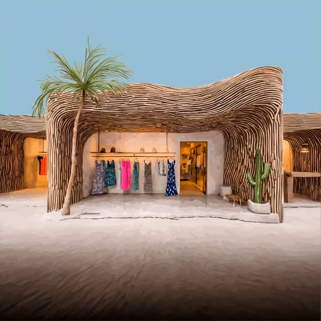 Boutique with wavy wooden walls, colorful dresses inside, palm tree and cactus by the entrance, under a clear blue sky.