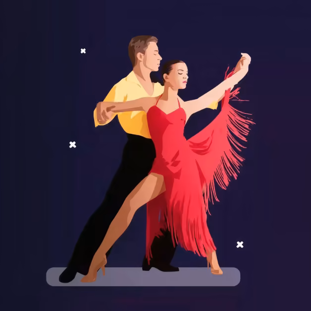 A couple dances gracefully, the man in a yellow shirt and black pants, the woman in a red fringed dress against a dark background.