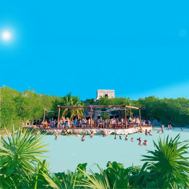 People swim in turquoise water and relax under a wooden canopy on a sunny beach, with lush greenery and blue sky behind.