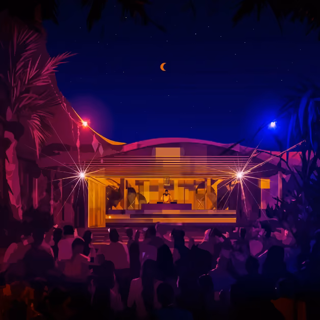 A lively outdoor night club at night with a DJ onstage, colorful lights, dancing crowd, and a crescent moon in the starry sky.