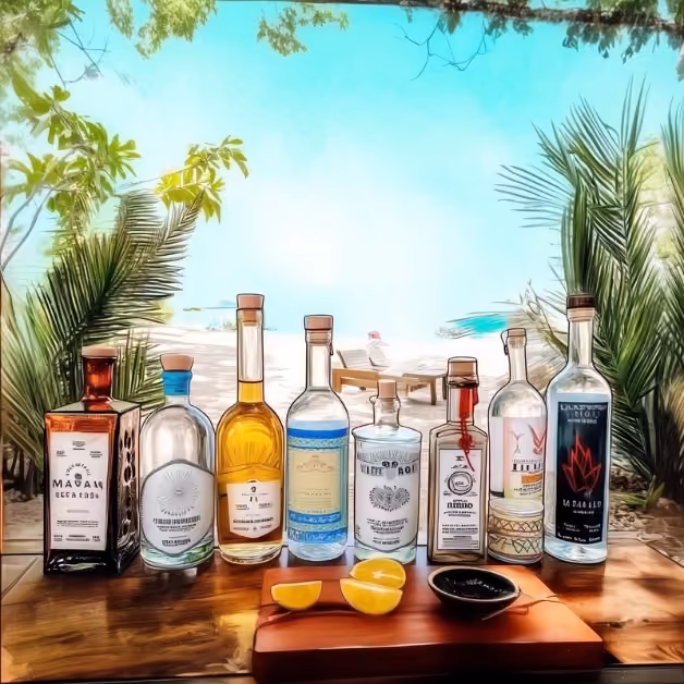 Nine mezcal bottles, sliced lemons, and a bowl on a wooden table outdoors by turquoise water, palm trees, and sunny skies.