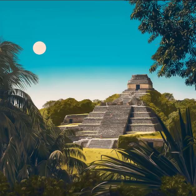 Ancient stone pyramid rises from lush jungle under a bright blue sky, framed by dense green foliage and warm sunlight.