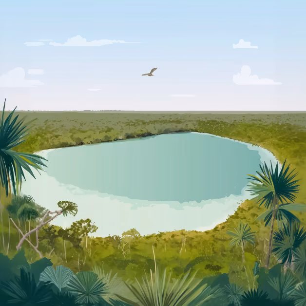Round blue-green lake ringed by lush trees and plants, with a bird soaring in a clear sky above the serene landscape.