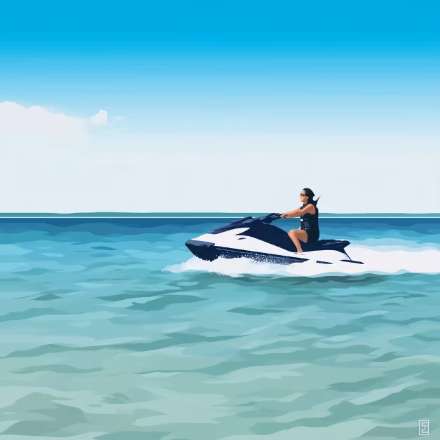 A person in a life jacket and sunglasses rides a jet ski on calm blue-green ocean water beneath a clear sky.