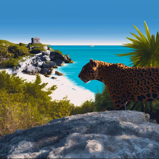 A jaguar stands on a rocky cliff above turquoise waters, lush greenery, and ancient ruins beneath a bright blue sky in Tulum.