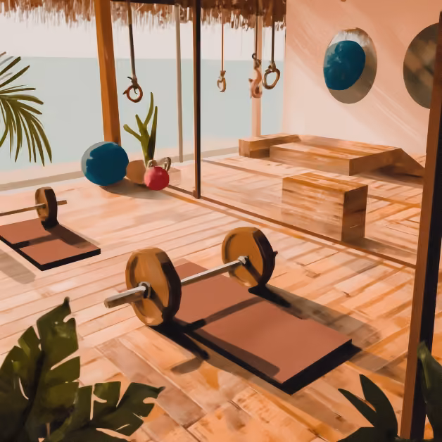 Open-air gym with wooden floors, barbells, gymnastic rings, benches, plants, and tropical sunlight creating an inviting space.