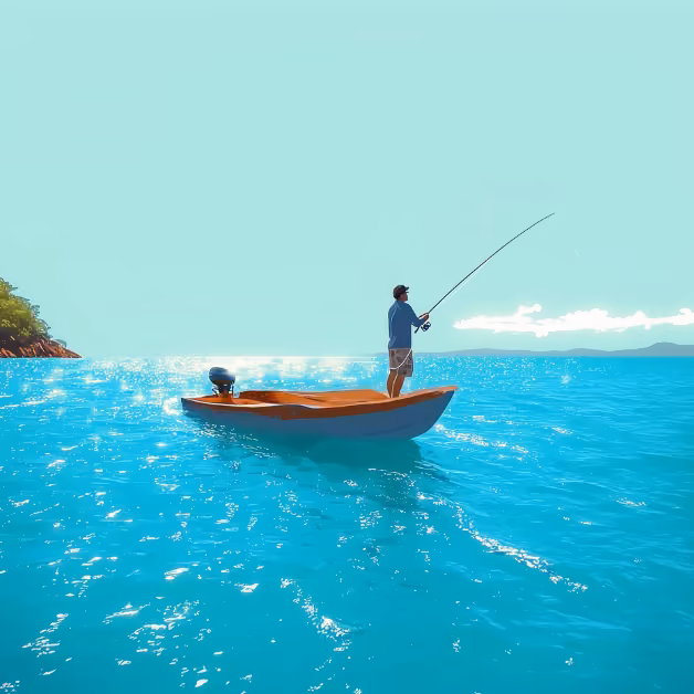 A person fishes from a small boat in bright turquoise water under a clear sky, sunlight shimmering near a distant green shore.