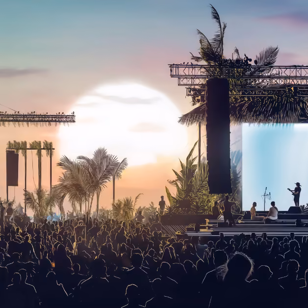 A crowd enjoys an outdoor concert at sunset near palm trees, with performers silhouetted on a large stage against the glowing sky.