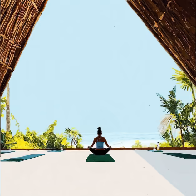A person sits cross-legged on a yoga mat in an open-air pavilion by the ocean, surrounded by palm trees and lush greenery.