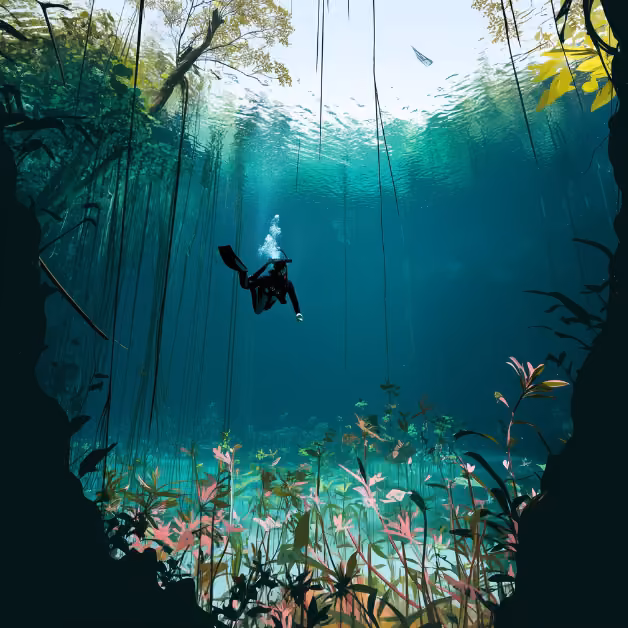 A diver swims in a clear cenote among aquatic plants, sunlight streaming through water and green foliage above the surface.