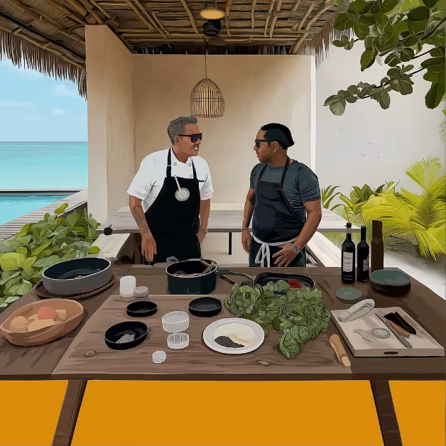 Two chefs in aprons prepare food at a table in an outdoor kitchen by the ocean, under a thatched roof with tropical plants.