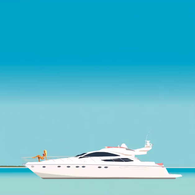 A person lounges at the front of a white yacht on calm turquoise water beneath a clear blue sky, enjoying the peaceful view.