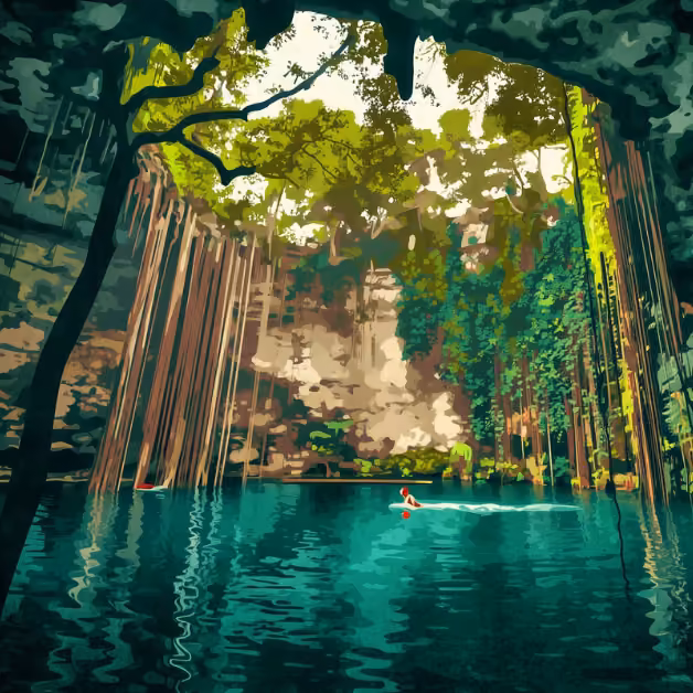 A person swims in a turquoise cenote, surrounded by vines, lush greenery, and sunlit cave walls, a hidden paradise near Tulum.