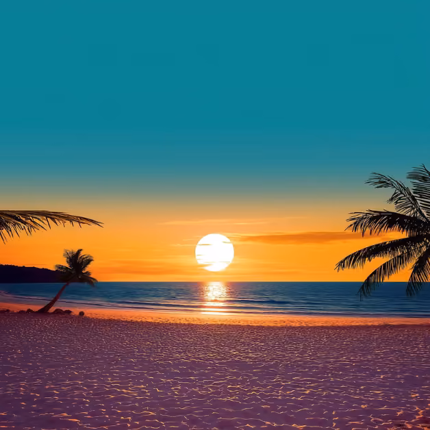 A vibrant sunset over a calm ocean, golden light on the sandy beach, and silhouetted palm trees framing the peaceful scene.